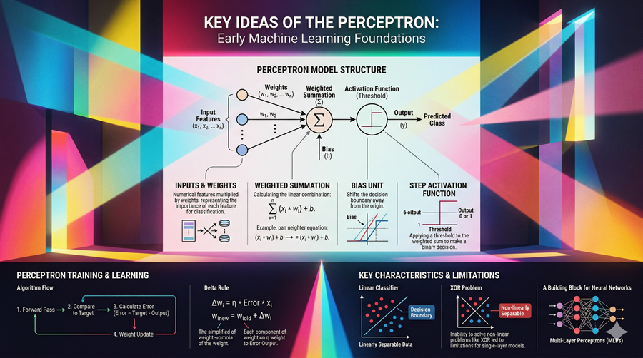 Perceptron infographic showing inputs, weights, weighted summation and activation function — the building block of neural networks